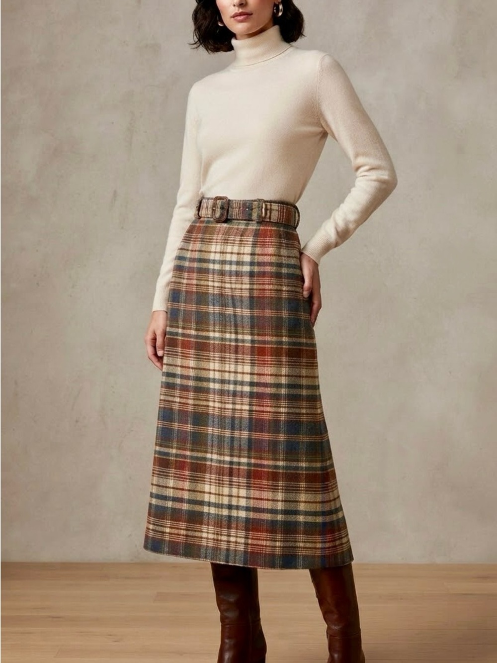 True Vintage| Fall Neutrals Personal Plaid Wool Blend Midi Skirt w/Belt Sz 26/2